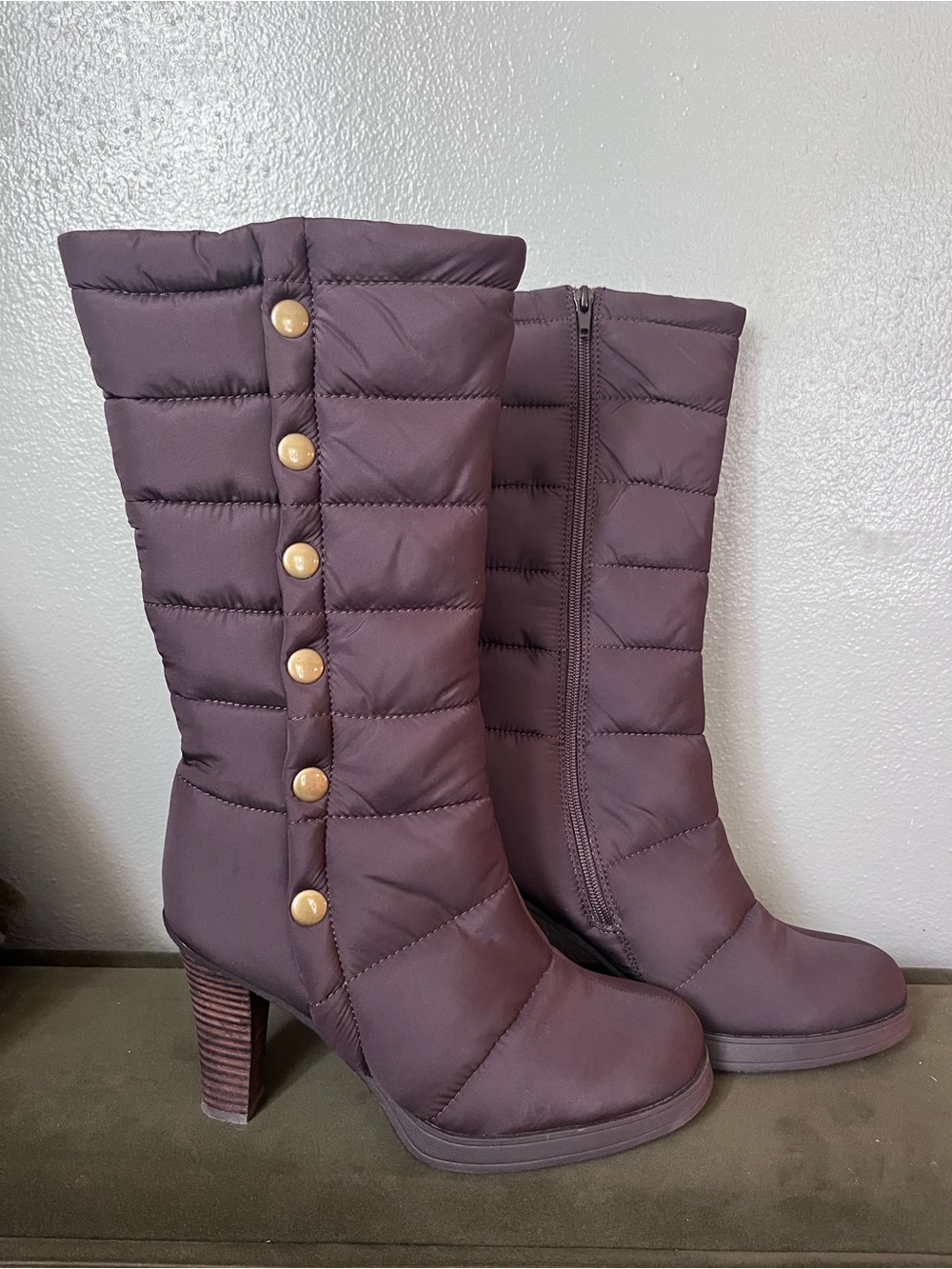 OYF Puffer Mid-Calf Heeled Boots with Button Detail — Brown